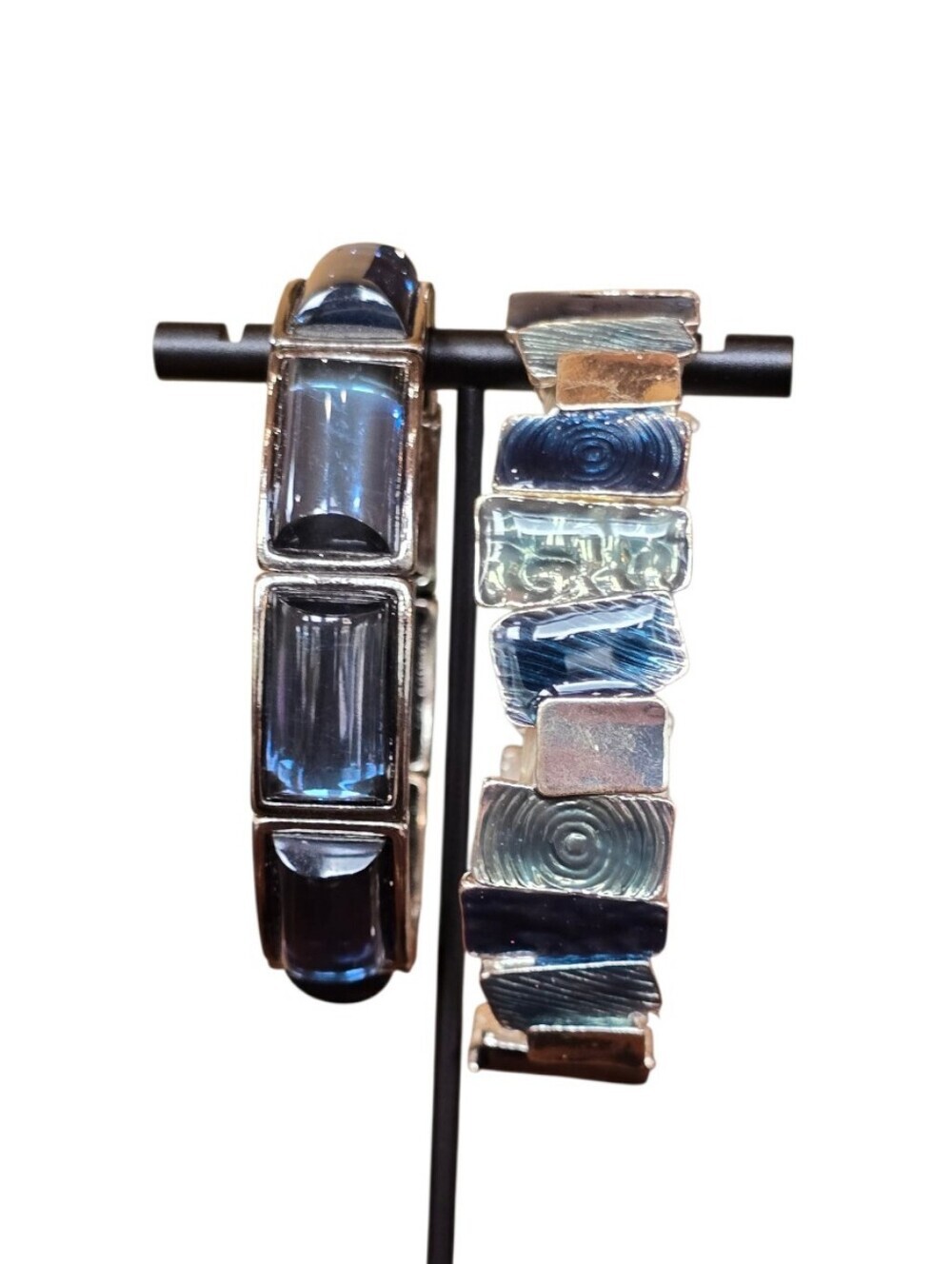 Blue Lucite Metal Silvertone Elastic Fashion Bracelets Set Of 2